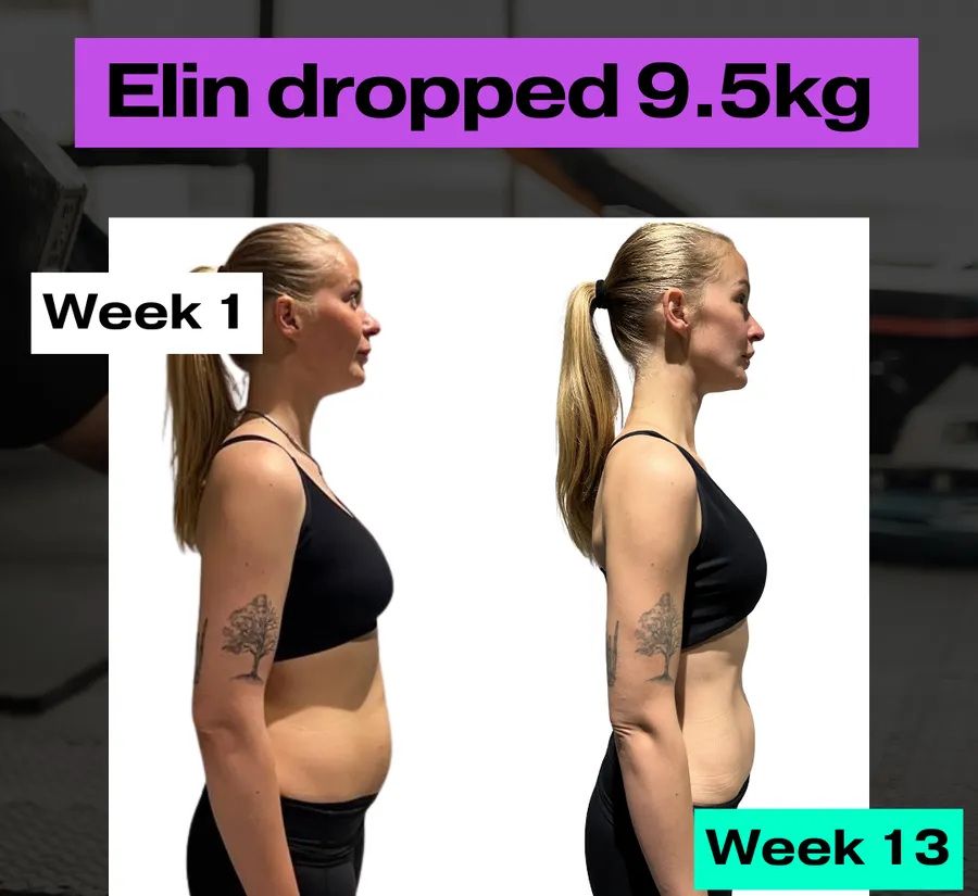 Elin before and after. Dropped 9.5kg, Week 1 to Week 13.