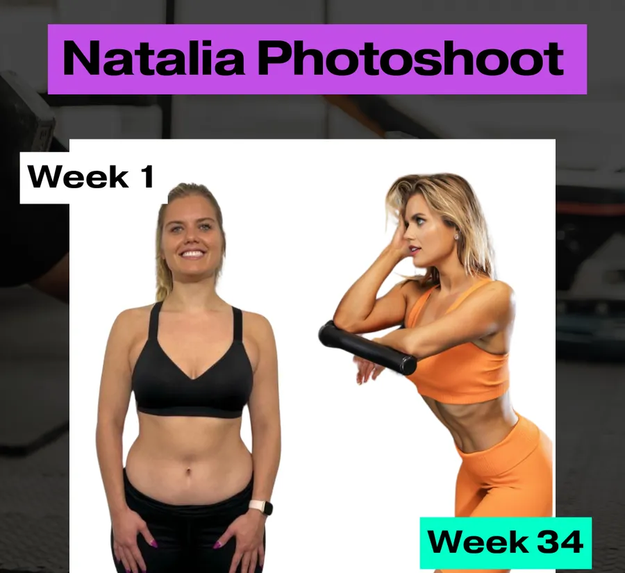 Natalia before and after. Photoshoot ready, Week 1 to Week 34.