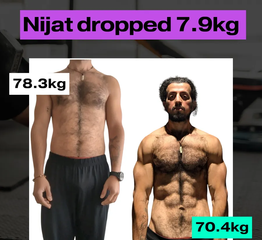 Nijat before and after. Dropped 7.9kg, 78.3kg to 70.4kg.